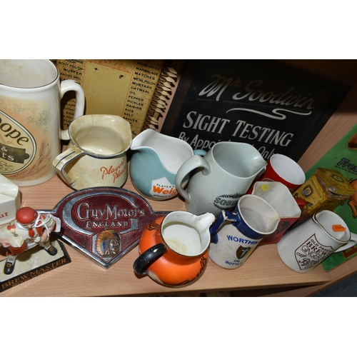 389 - A COLLECTION OF ADVERTISING CERAMICS AND SIGNS, comprising a tinplate 'Memory Tickler' kitchen shopp... 