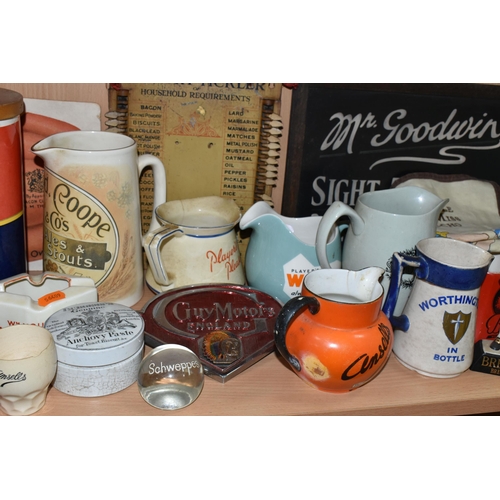 389 - A COLLECTION OF ADVERTISING CERAMICS AND SIGNS, comprising a tinplate 'Memory Tickler' kitchen shopp... 