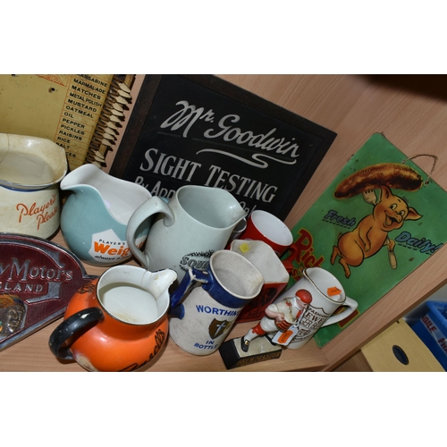 389 - A COLLECTION OF ADVERTISING CERAMICS AND SIGNS, comprising a tinplate 'Memory Tickler' kitchen shopp... 