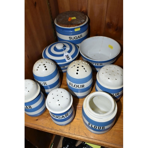 393 - A COLLECTION OF T.G.GREEN & CO. LTD BLUE AND WHITE CORNISH KITCHEN WARE, comprising two sugar sifter... 