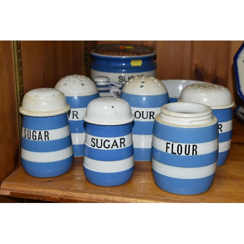 393 - A COLLECTION OF T.G.GREEN & CO. LTD BLUE AND WHITE CORNISH KITCHEN WARE, comprising two sugar sifter... 