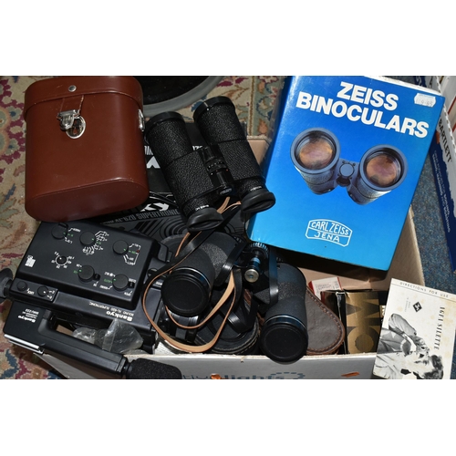 413 - TWO BOXES OF OPTICAL AND ELECTRICAL EQUIPMENT ETC, to include a boxed pair of Carl Zeiss 10x40B Nota... 