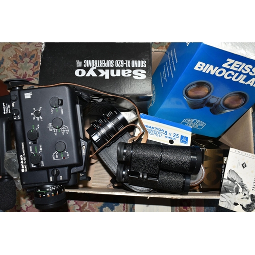 413 - TWO BOXES OF OPTICAL AND ELECTRICAL EQUIPMENT ETC, to include a boxed pair of Carl Zeiss 10x40B Nota... 