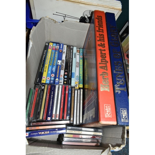 415 - THREE BOXES AND LOOSE RECORDS, DVDS, CDS AND DRAWING EQUIPMENT, to include over seventy records by a... 