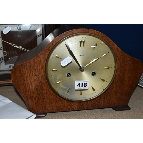 418 - TWO MANTEL CLOCKS, CUTLERY AND A STICK PIN, comprising two twentieth century Smiths wooden cased man... 