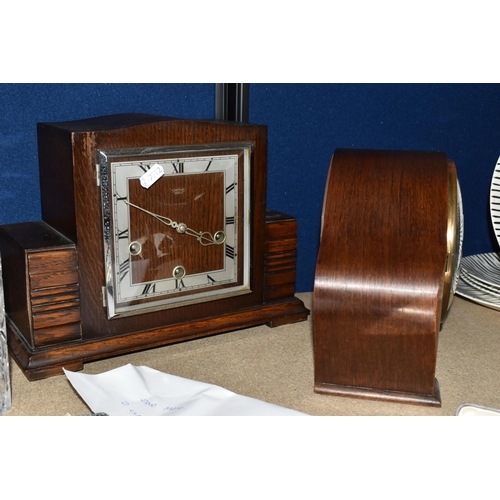 418 - TWO MANTEL CLOCKS, CUTLERY AND A STICK PIN, comprising two twentieth century Smiths wooden cased man... 