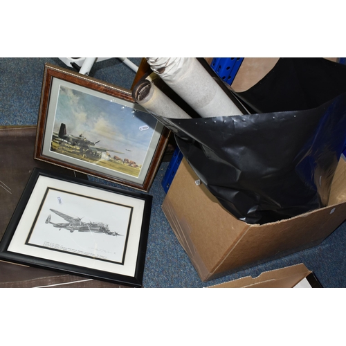 422 - TWO BOXES AND LOOSE US NAVY REPRODUCTION BLUE PRINTS, METAL WARES AND PICTURES, to include a small c... 