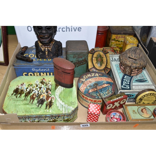 425 - TWO BOXES AND LOOSE ADVERTISING TINS, approximately twenty five pieces to include a tin of Bonza Exp... 