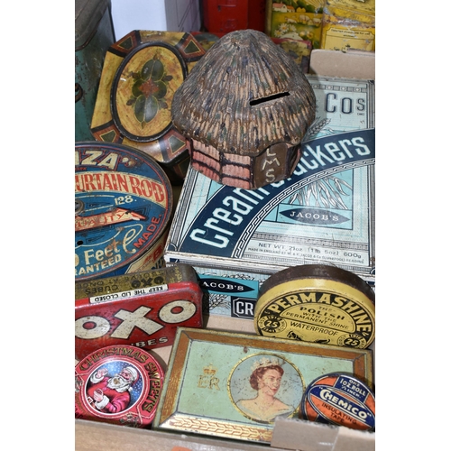 425 - TWO BOXES AND LOOSE ADVERTISING TINS, approximately twenty five pieces to include a tin of Bonza Exp... 