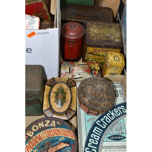 425 - TWO BOXES AND LOOSE ADVERTISING TINS, approximately twenty five pieces to include a tin of Bonza Exp... 