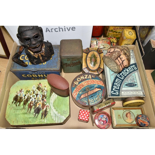 425 - TWO BOXES AND LOOSE ADVERTISING TINS, approximately twenty five pieces to include a tin of Bonza Exp... 