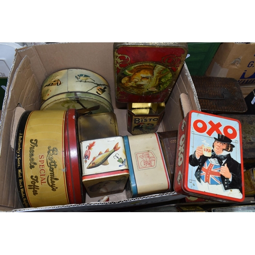 425 - TWO BOXES AND LOOSE ADVERTISING TINS, approximately twenty five pieces to include a tin of Bonza Exp... 