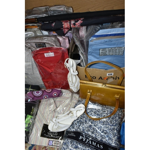 426 - FIVE BOXES AND LOOSE CLOTHING AND ACCESSORIES, to include over twenty men's shirts as new in packagi... 