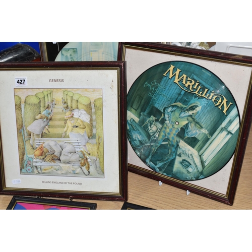 427 - FIVE FRAMED RECORDS AND POSTERS, comprising two framed Marillion picture discs - Fugazi and Script f... 