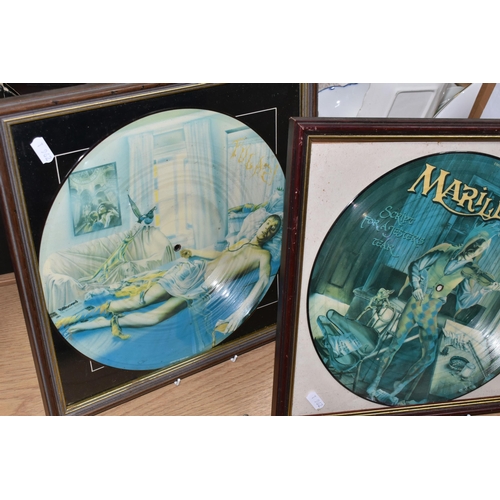 427 - FIVE FRAMED RECORDS AND POSTERS, comprising two framed Marillion picture discs - Fugazi and Script f... 