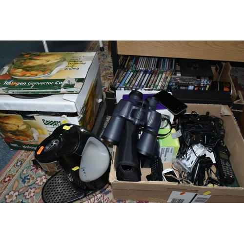 430 - FOUR BOXES AND LOOSE BOOKS, DVDS, ELECTRONICS AND SUNDRY HOMEWARES, to include fifty books with titl... 