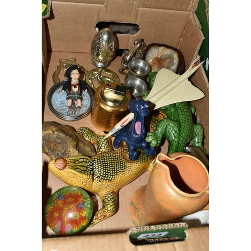 434 - THREE BOXES OF MISCELLANEOUS SUNDRIES, to include an Art Deco Flaxman Ware orange jug, two painted t... 