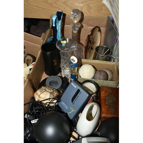 434 - THREE BOXES OF MISCELLANEOUS SUNDRIES, to include an Art Deco Flaxman Ware orange jug, two painted t... 