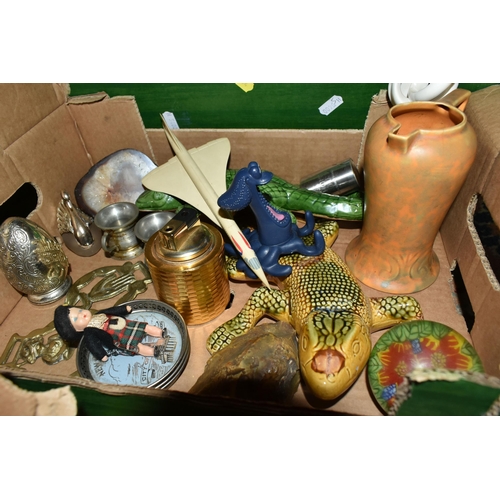 434 - THREE BOXES OF MISCELLANEOUS SUNDRIES, to include an Art Deco Flaxman Ware orange jug, two painted t... 