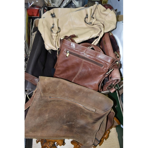 435 - A BOX OF HANDBAGS AND MESSENGER BAGS, TOGETHER WITH A PAIR OF HANDCARVED WALL BRACKETS, to include  ... 