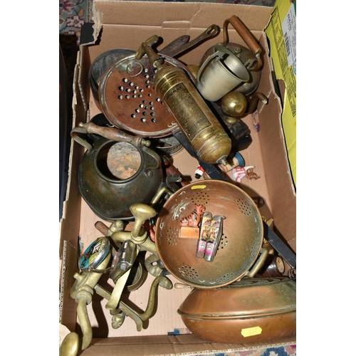 437 - FOUR BOXES OF METALWARE, TREEN AND SUNDRIES, to include a box of wooden lead working tools including... 