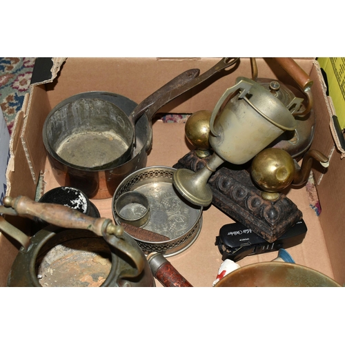 437 - FOUR BOXES OF METALWARE, TREEN AND SUNDRIES, to include a box of wooden lead working tools including... 