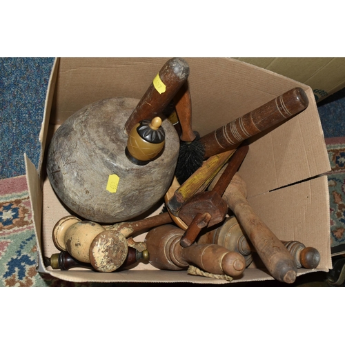 437 - FOUR BOXES OF METALWARE, TREEN AND SUNDRIES, to include a box of wooden lead working tools including... 