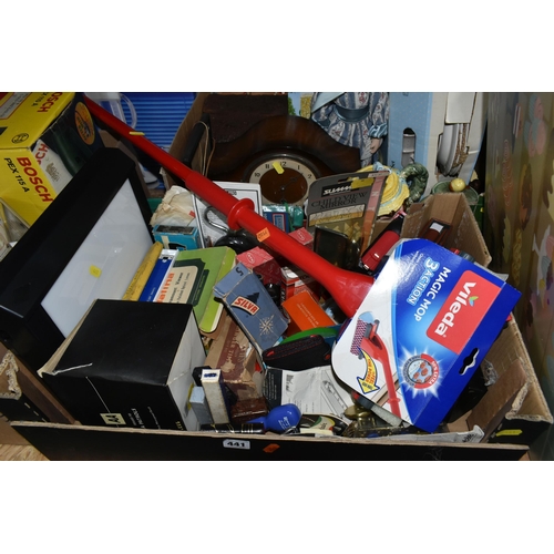 441 - THREE BOXES OF MISCELLANEOUS SUNDRIES, to include clocks, novelty teapots, a boxed Morphy Richards P... 