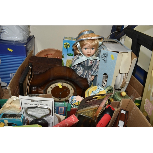 441 - THREE BOXES OF MISCELLANEOUS SUNDRIES, to include clocks, novelty teapots, a boxed Morphy Richards P... 