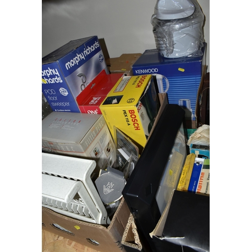 441 - THREE BOXES OF MISCELLANEOUS SUNDRIES, to include clocks, novelty teapots, a boxed Morphy Richards P... 