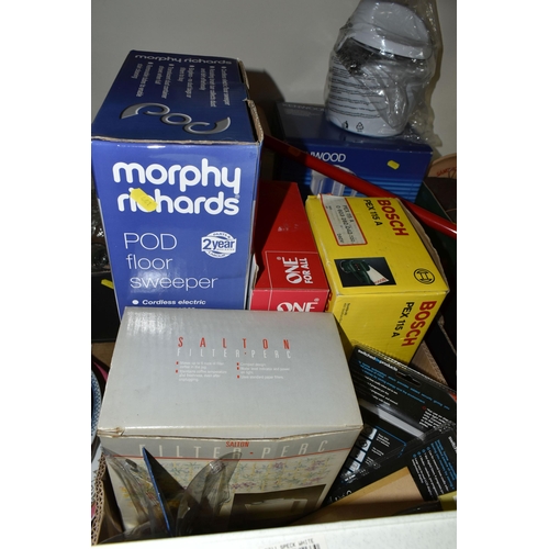 441 - THREE BOXES OF MISCELLANEOUS SUNDRIES, to include clocks, novelty teapots, a boxed Morphy Richards P... 