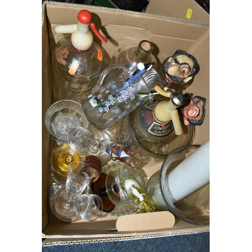 444 - THREE BOXES OF ASSORTED GLASSWARE, to include a Victorian milk glass rolling pin, a small yellow gla... 