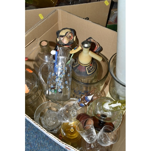 444 - THREE BOXES OF ASSORTED GLASSWARE, to include a Victorian milk glass rolling pin, a small yellow gla... 