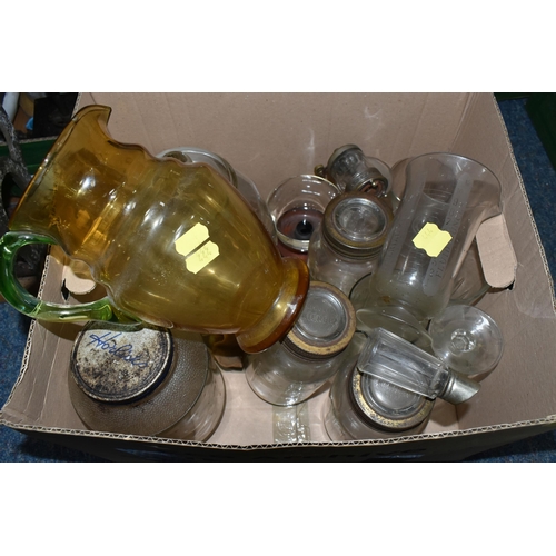 444 - THREE BOXES OF ASSORTED GLASSWARE, to include a Victorian milk glass rolling pin, a small yellow gla... 