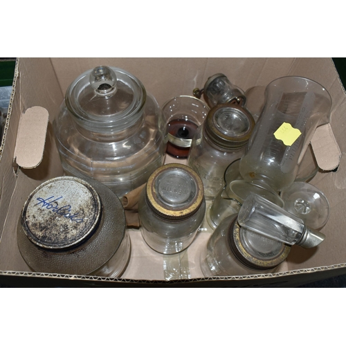 444 - THREE BOXES OF ASSORTED GLASSWARE, to include a Victorian milk glass rolling pin, a small yellow gla... 