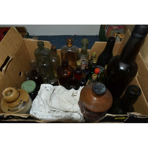 444 - THREE BOXES OF ASSORTED GLASSWARE, to include a Victorian milk glass rolling pin, a small yellow gla... 