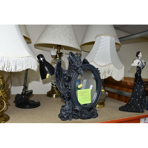 458 - A QUANTITY OF TABLE LAMPS, comprising a Nemesis Now Abatwyn Dragon table mirror with a Celtic design... 