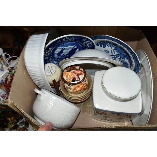 461 - SIX BOXES OF CERAMICS, to include Booth's 'Real Olde Willow' pattern dishes, a Boch Delfts wall plat... 