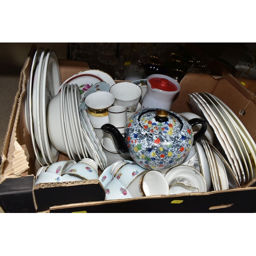 461 - SIX BOXES OF CERAMICS, to include Booth's 'Real Olde Willow' pattern dishes, a Boch Delfts wall plat... 