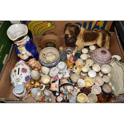 462 - FIVE BOXES OF ASSORTED CERAMICS, to include a collection of assorted egg cups, a vintage Walt Disney... 