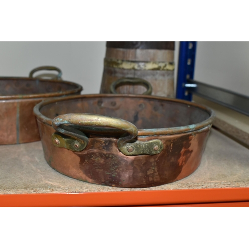 463 - THREE COPPER PANS AND A WOODEN BARREL, comprising three shallow twin handled copper pans, diameters ... 