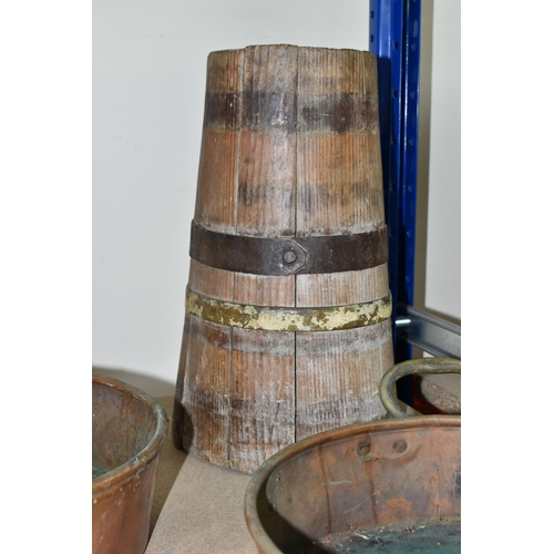 463 - THREE COPPER PANS AND A WOODEN BARREL, comprising three shallow twin handled copper pans, diameters ... 