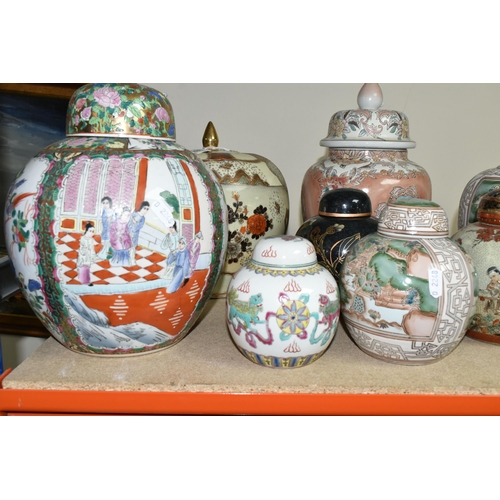 467 - EIGHT ORIENTAL GINGER JARS AND COVERED VASES, to include a famille rose ginger jar, two Satsuma jars... 