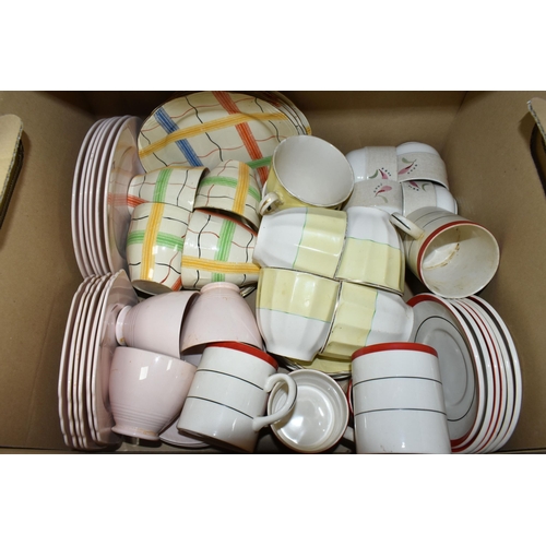 471 - FIVE BOXES OF TEA AND DINNER WARES, to include a box of blue and white dinner ware including Wood & ... 