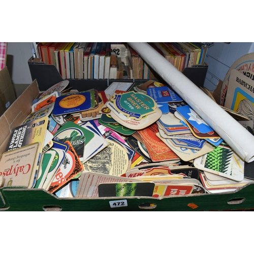 472 - TWO BOXES OF ANNUALS AND BEER MATS, to include twenty six books, mainly annuals including Football A... 