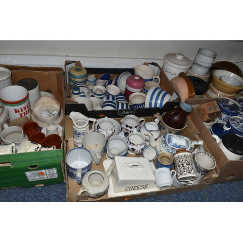 474 - FIVE BOXES OF VINTAGE CERAMIC KITCHEN WARES, to include a Mason's cheese dish, a Hornsea cannister m... 