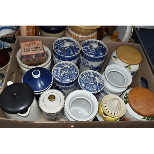 474 - FIVE BOXES OF VINTAGE CERAMIC KITCHEN WARES, to include a Mason's cheese dish, a Hornsea cannister m... 