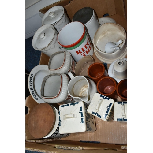 474 - FIVE BOXES OF VINTAGE CERAMIC KITCHEN WARES, to include a Mason's cheese dish, a Hornsea cannister m... 