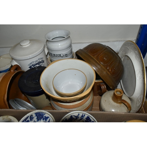 474 - FIVE BOXES OF VINTAGE CERAMIC KITCHEN WARES, to include a Mason's cheese dish, a Hornsea cannister m... 