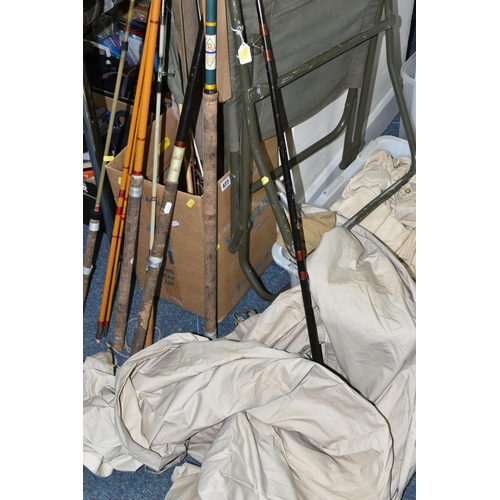 477 - TWO BOXES AND LOOSE FISHING AND CAMPING EQUIPMENT, to include a cream canvas scout tent with metal p... 